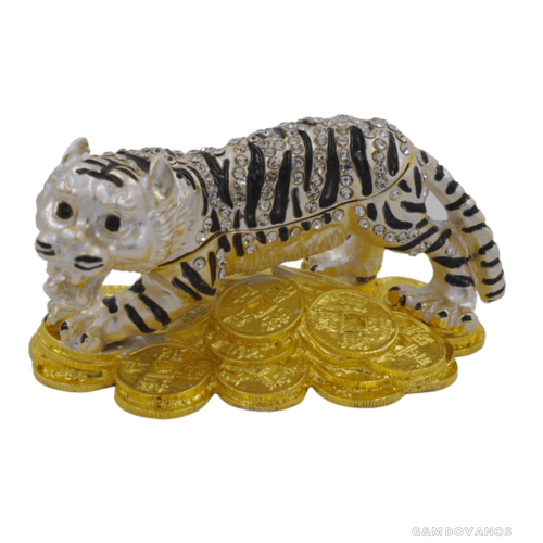 Metalinė dėžutė tigras ant pinigų, 15x8x6,5 cm
